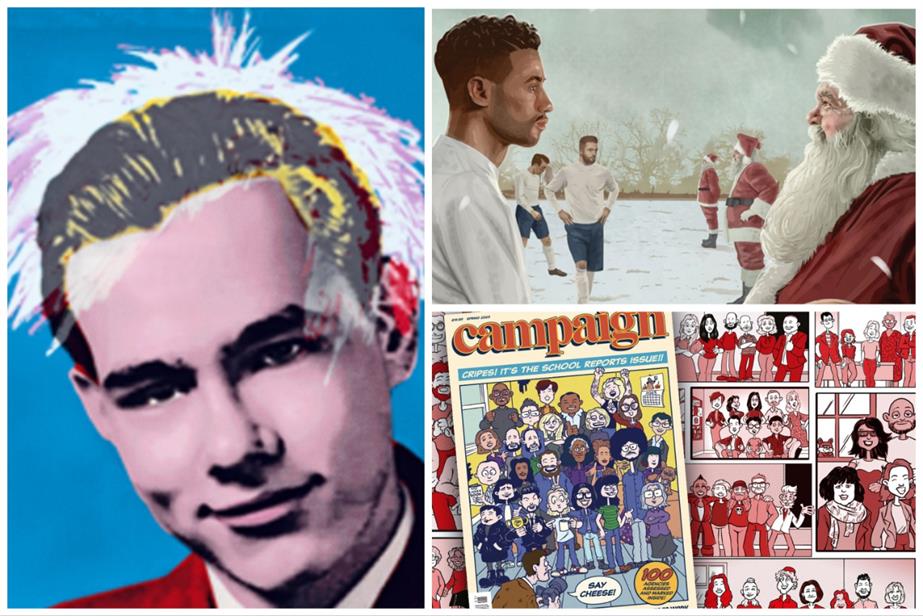 Clockwise from left: image of Andy Warhol art; front cover of Campaign's Christmas 2022 edition; front cover of Campaign's Spring 2023 edition.