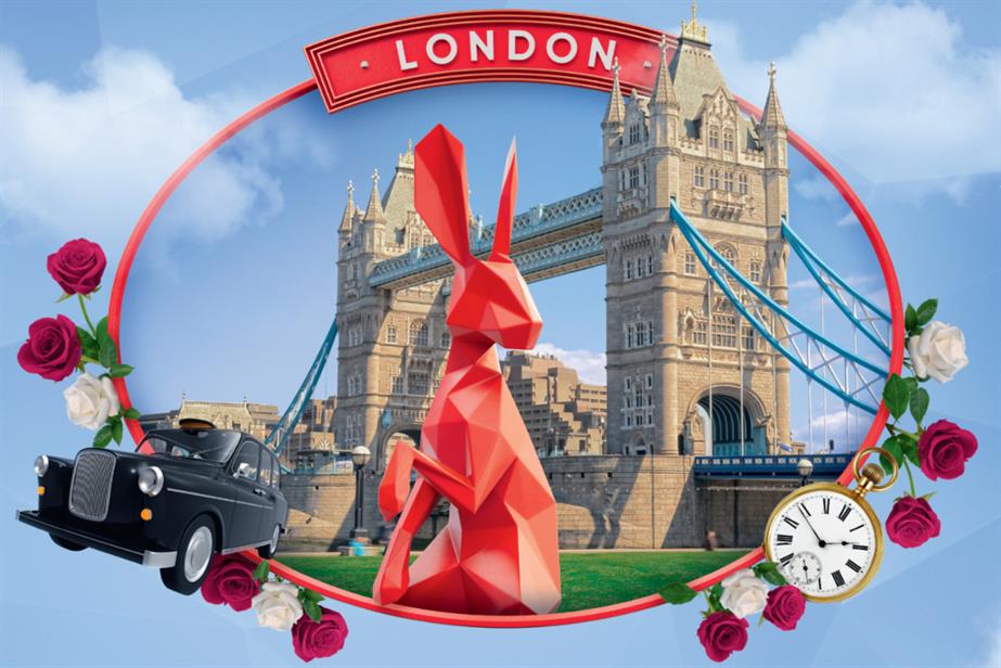 Greater Anglia red hare with Tower Bridge and black cab