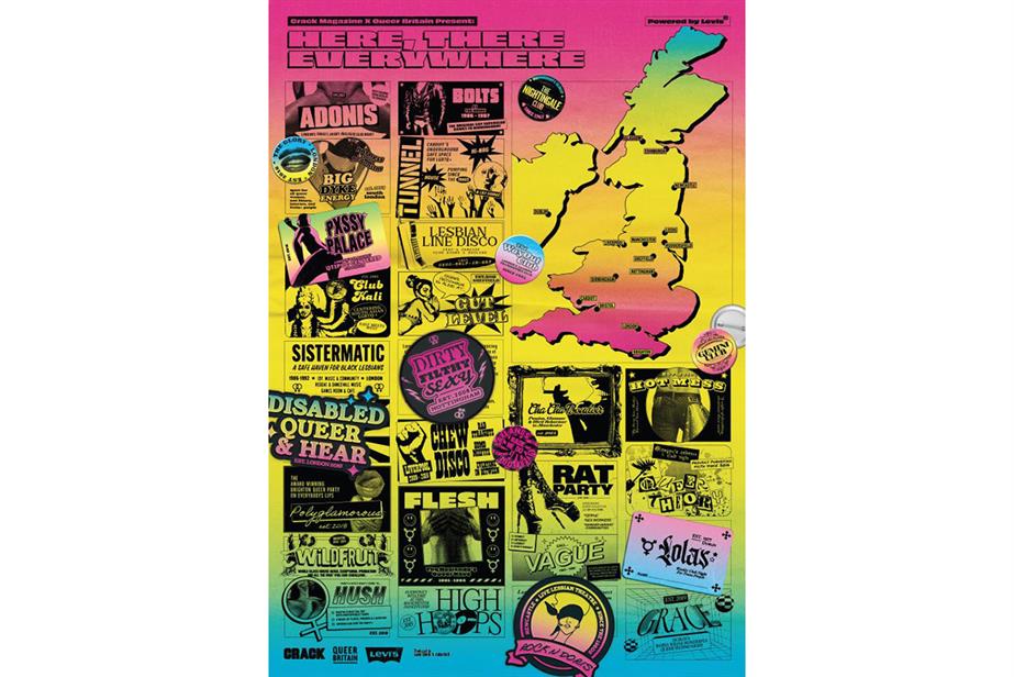A pink, yellow and turquoise background with a map of the UK and posters of various events