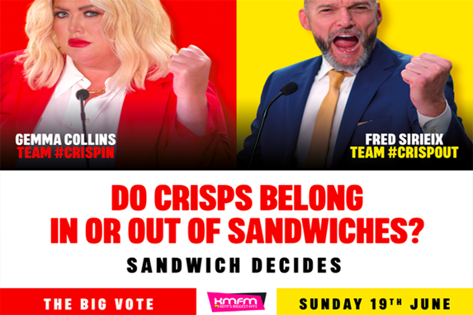 Split photos of Gemma Collins and Fred Sirieix with text underneath saying: "Do crisps belong in or out of sandwiches? Sandwich decides. The big vote. Sunday 19 June"